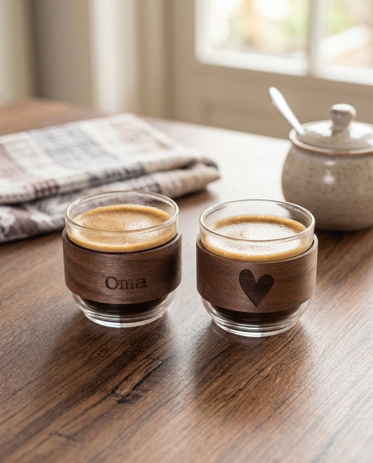Gepersonaliseerde koffieglazen met walnoothout - Creating adventure