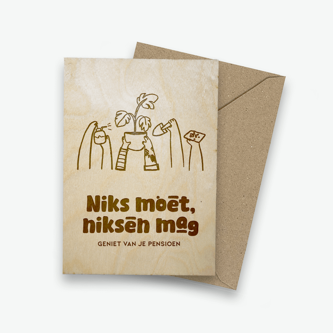 Houten ansichtkaart - Niks moet, niksen mag - Creating adventure